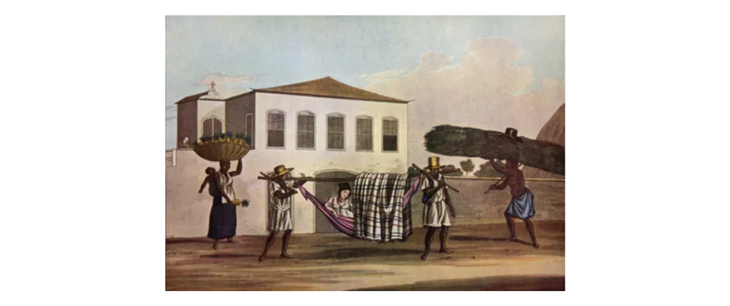 Black enslaved people carry a white woman in a covered hammock