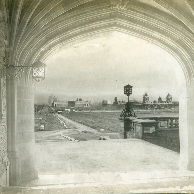 view of fairgrounds under construction from Brookings Hall archway in 1903